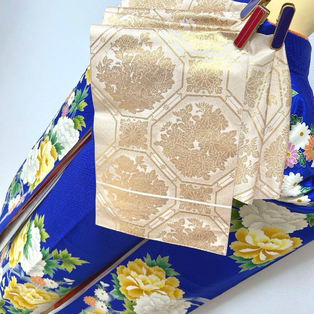 364 振袖フルセット 正絹 青 ブルー 黄色 オレンジ 金彩 駒刺繍 華やか