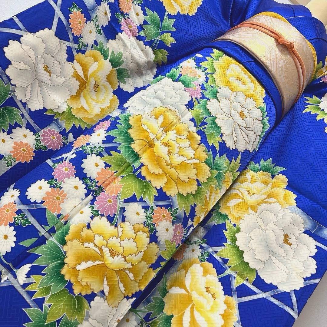 364 振袖フルセット 正絹 青 ブルー 黄色 オレンジ 金彩 駒刺繍 華やか