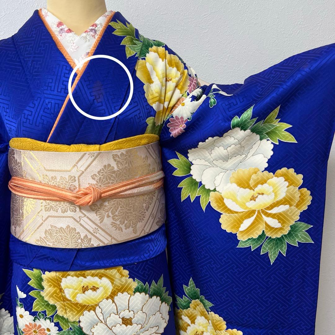 364 振袖フルセット 正絹 青 ブルー 黄色 オレンジ 金彩 駒刺繍 華やか