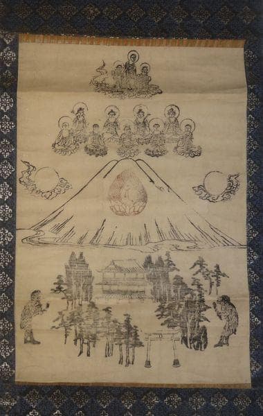 稀少 アンティーク 浅間神社 阿弥陀三尊来迎図 富士山八葉九尊 狛猿 紙本 掛軸