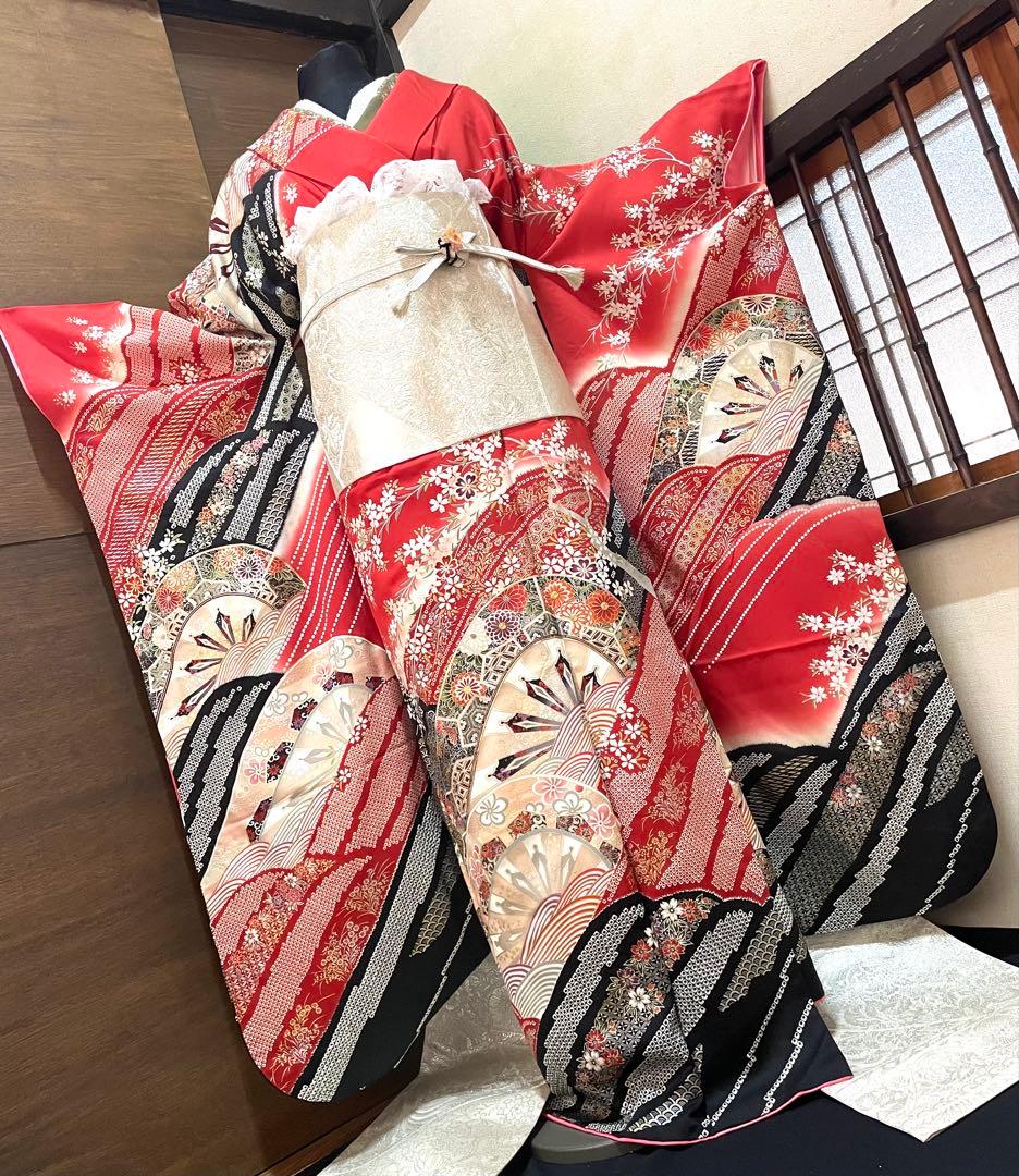 振袖 フルセット6点サイズM〜Ｌ駒刺繍　立波吉祥花文　暈し染め　金銀彩　正絹