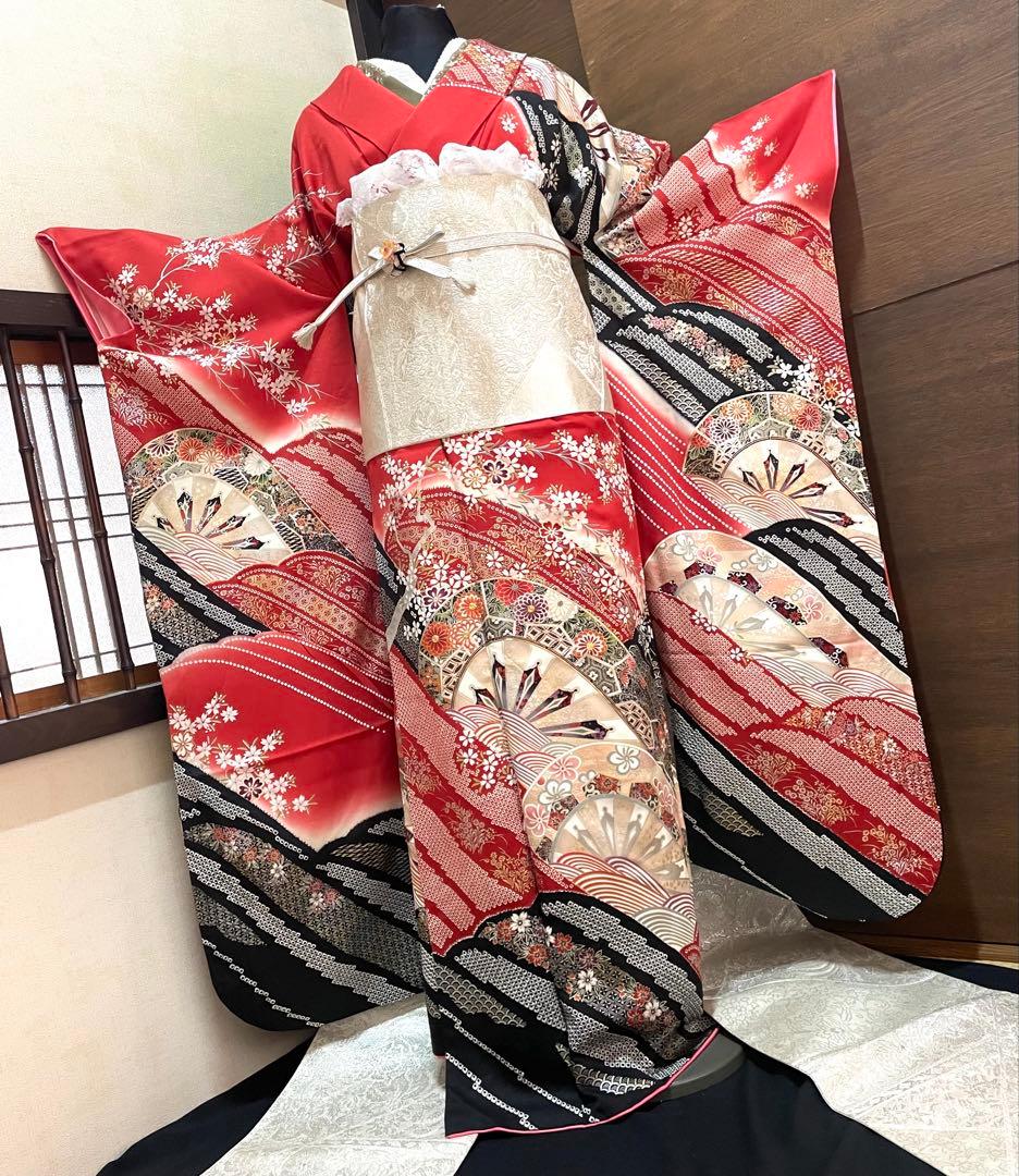 振袖 フルセット6点サイズM〜Ｌ駒刺繍　立波吉祥花文　暈し染め　金銀彩　正絹