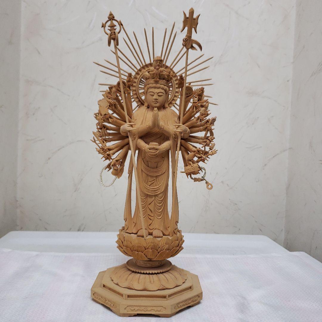 Ｂフライデー希少上彫り仏像★柘植材 千手観音菩薩像5寸立★全高 約30cm