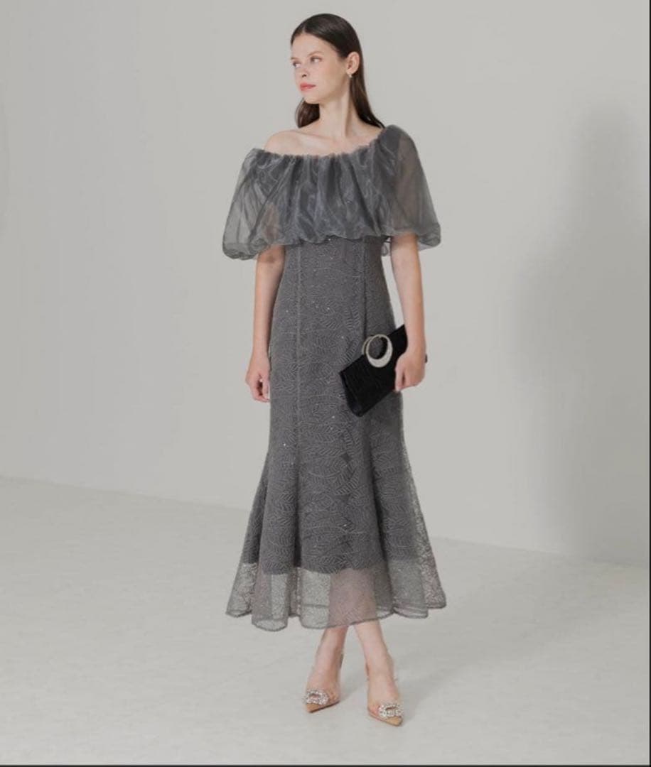 Leja 2WAYオフショルダーパフスリーブマーメイドワンピースドレス グレー