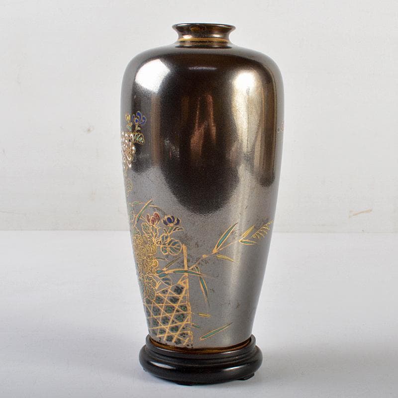 嘉子外製　鉄釉　色絵金彩　福田画　花蝶文瓶　花瓶　唐木台・時代箱付　CR5923