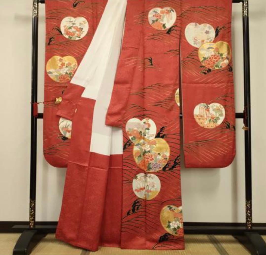 振袖 フルセット6点サイズM〜Ｌ駒刺繍　松竹梅立波花文　金彩　正絹