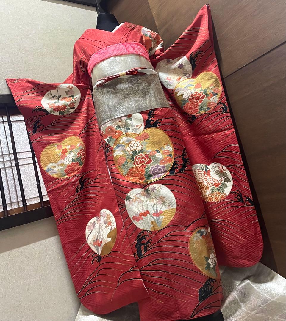 振袖 フルセット6点サイズM〜Ｌ駒刺繍　松竹梅立波花文　金彩　正絹