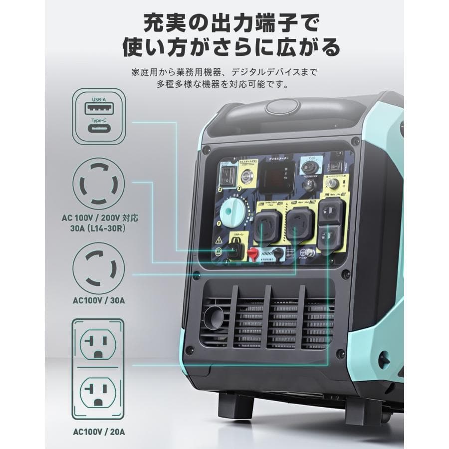 インバーター発電機 200V 単相ガソリン 5.2kVA リモコン始動 大型