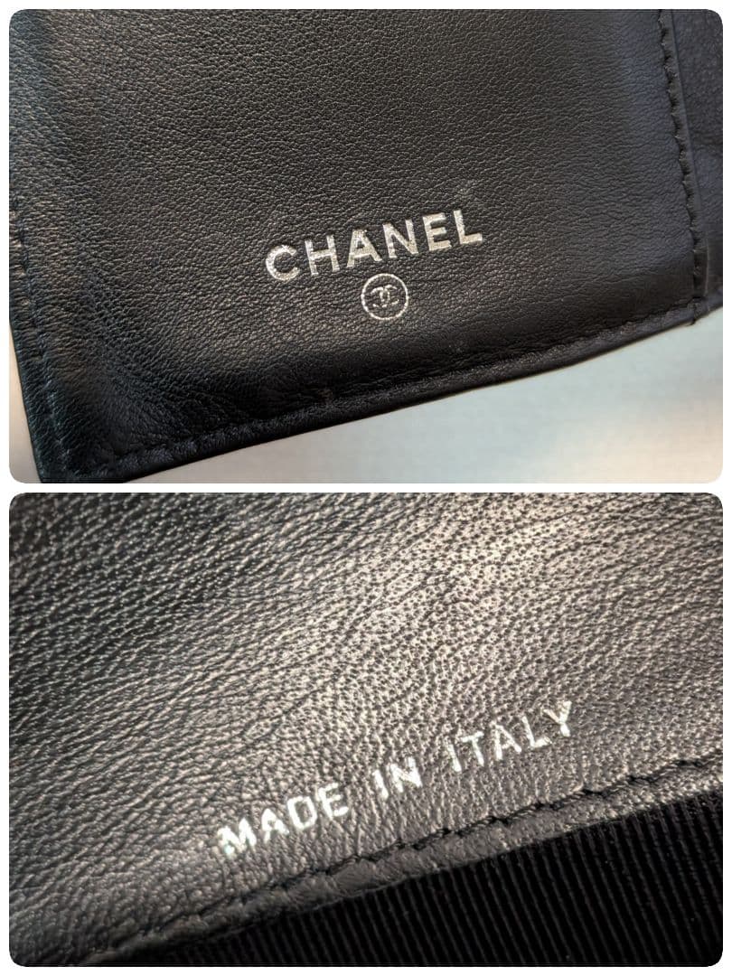 シャネル　黒　ビコローレ　マトラッセ　三つ折り長財布　カーフスキン　ショルダー