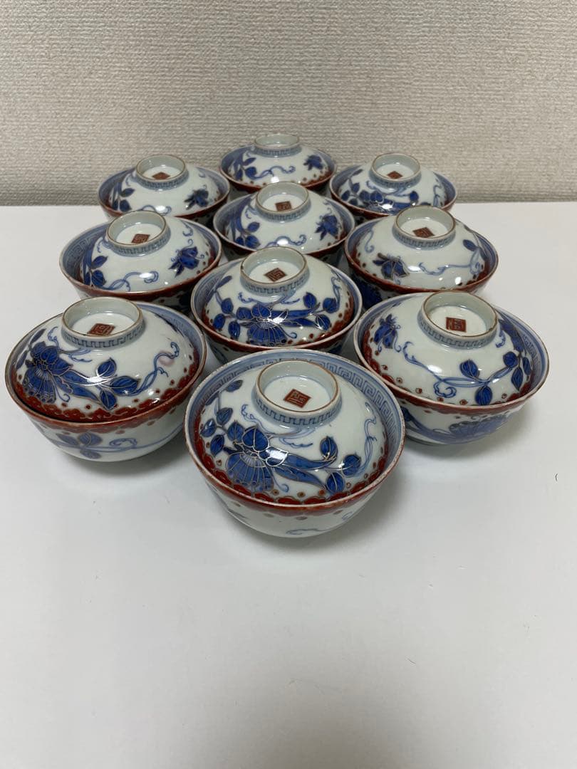 【現状品】古伊万里 染付 蓋付飯碗10客 金彩 蝶 レトロ アンティーク