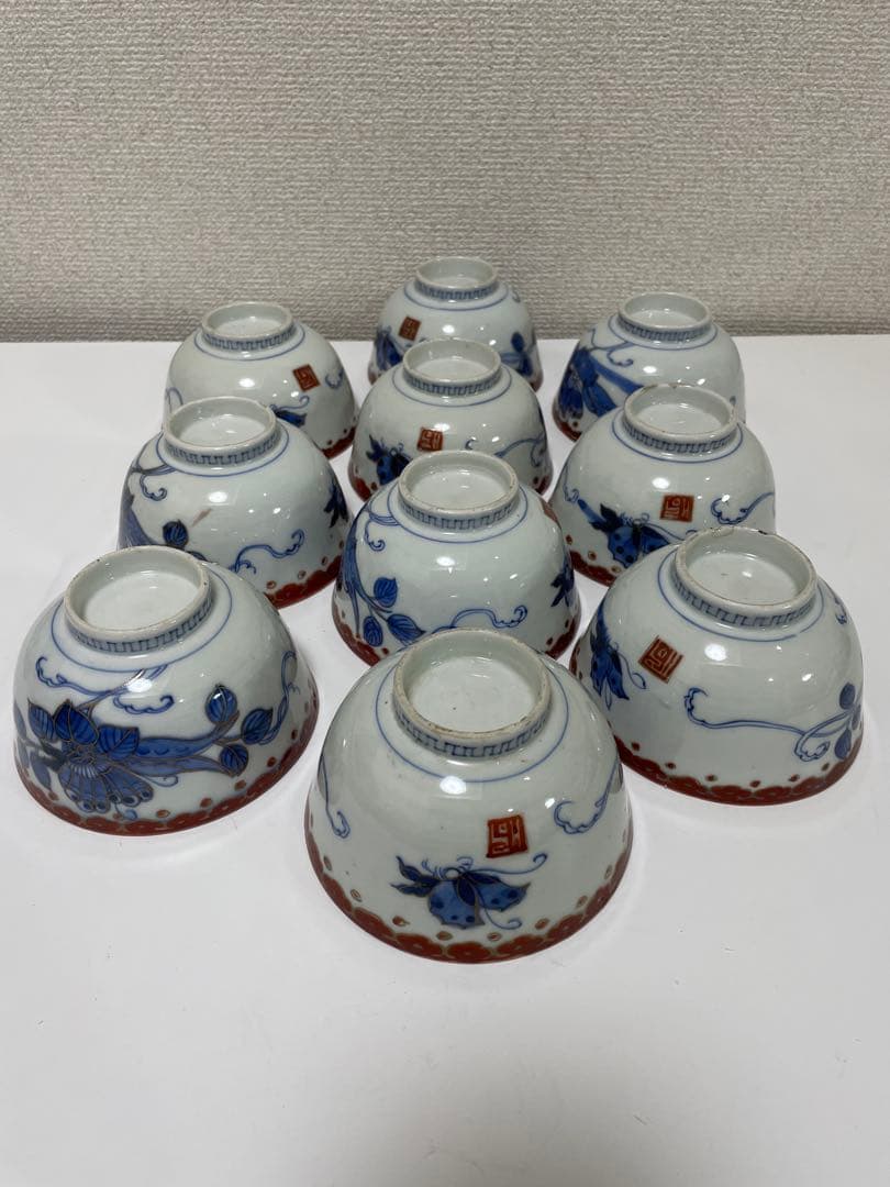【現状品】古伊万里 染付 蓋付飯碗10客 金彩 蝶 レトロ アンティーク