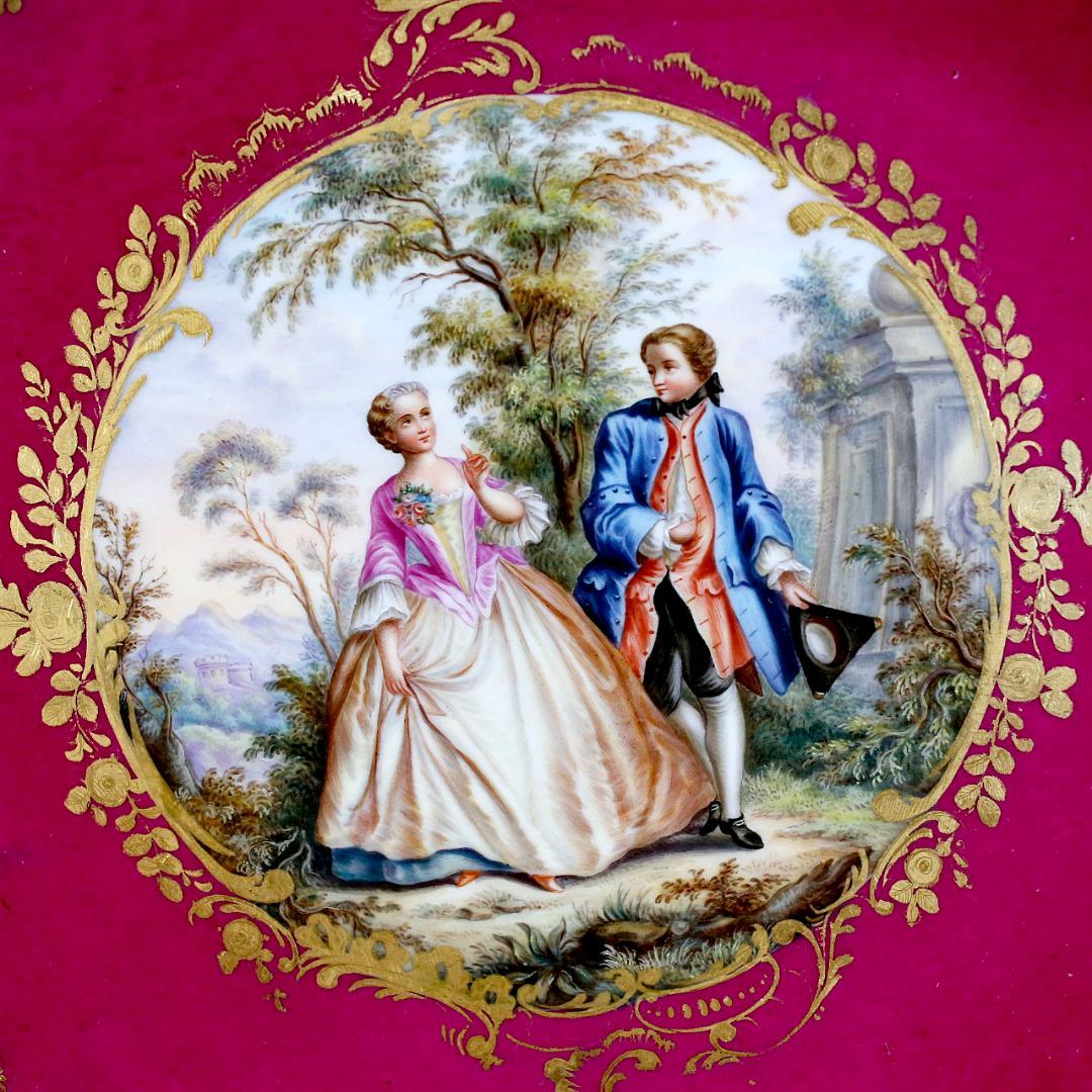 マイセン 忘れな草 透かし彫 恋人 ワトー風 飾り皿 ボタン剣 額装 １９世紀