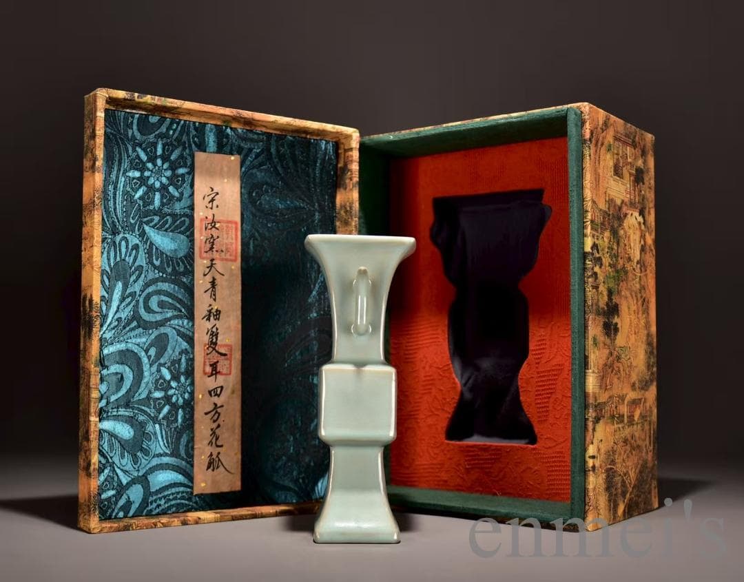 中国古美術・宋汝窯・天青釉双耳四方花觚・青磁・唐物・箱付・花瓶・時代物・古陶磁