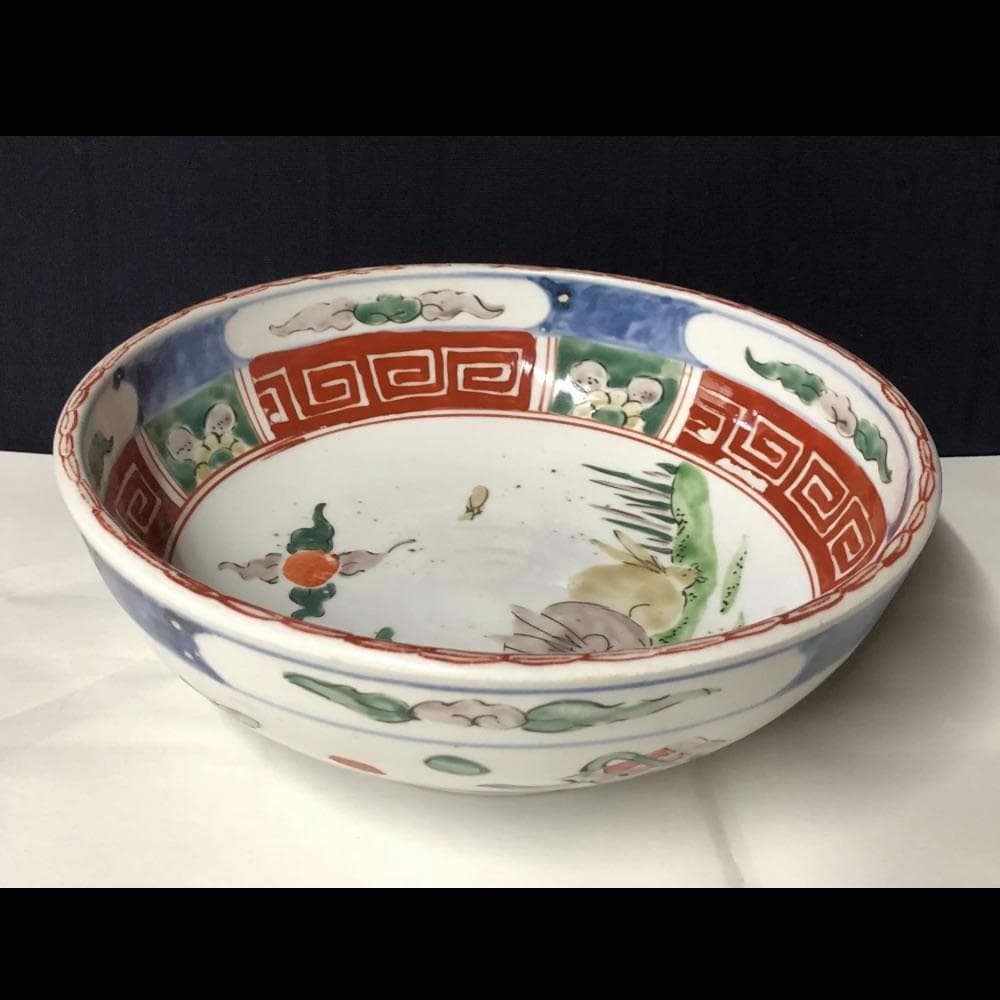 e1315 古伊万里 色絵 鉢 うさぎ 兎 二重高台 色絵鉢