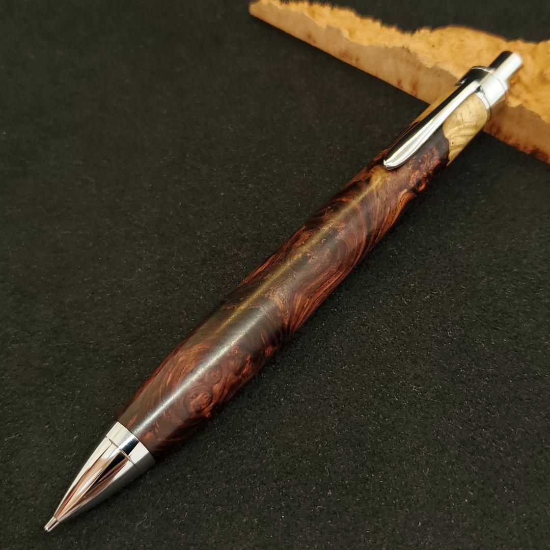 No.28ハンドメイド木軸シャーペンロースウッド瘤蜜蝋ワックス仕上げ