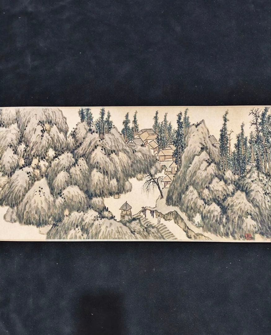 旧蔵 手巻き画　沈周《平橋遠水図》　掛軸　中国山水画　写意画