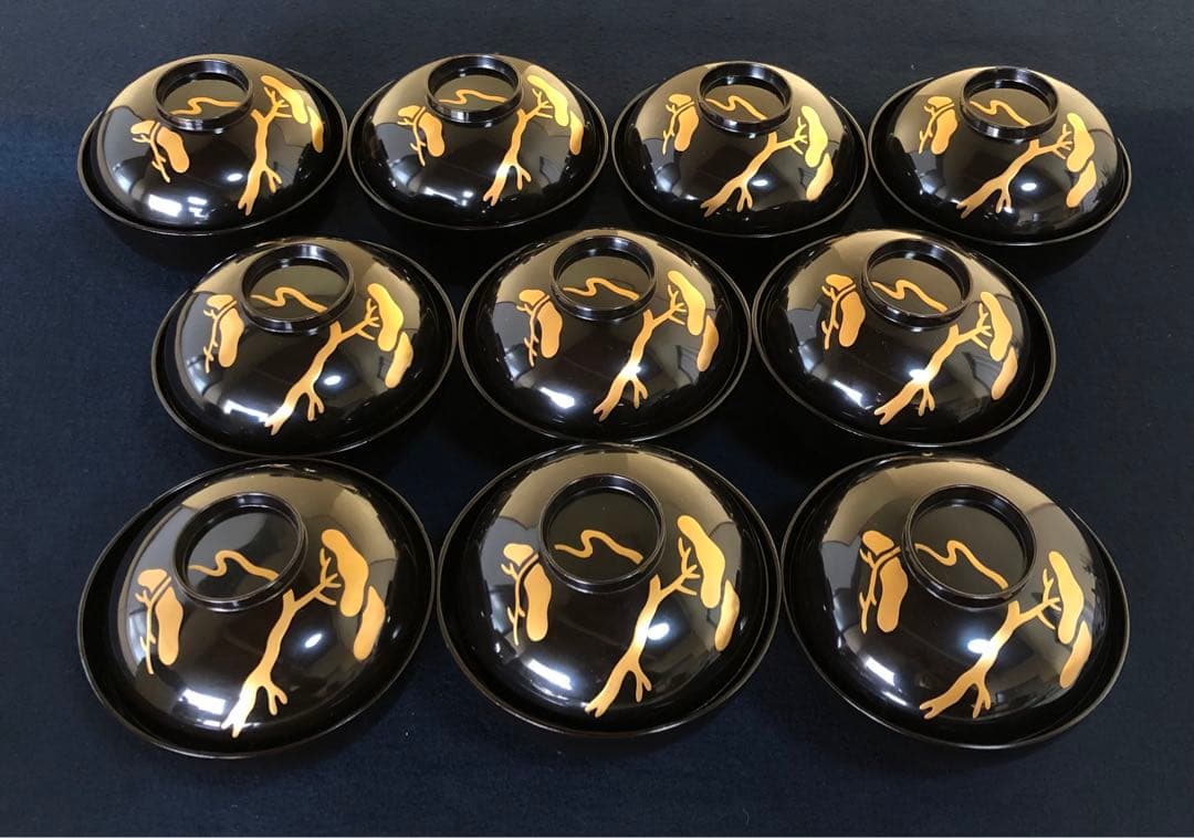 《レ》黒塗 鶴松蒔絵 吸物椀10客 木製漆器 木箱　251117え2