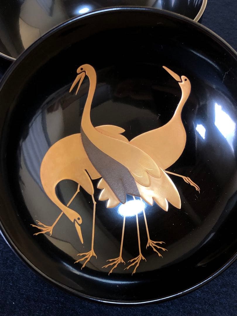 《レ》黒塗 鶴松蒔絵 吸物椀10客 木製漆器 木箱　251117え2