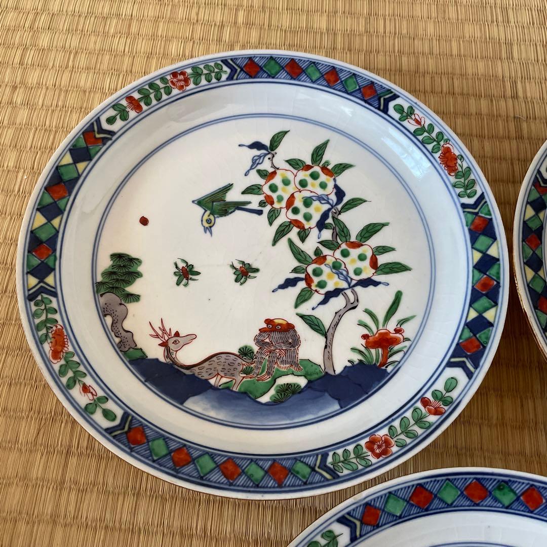 五彩猿鹿蜂文七寸皿　5客　大明成化年製
