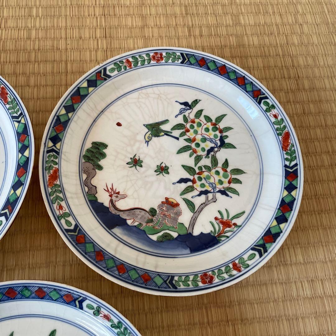 五彩猿鹿蜂文七寸皿　5客　大明成化年製