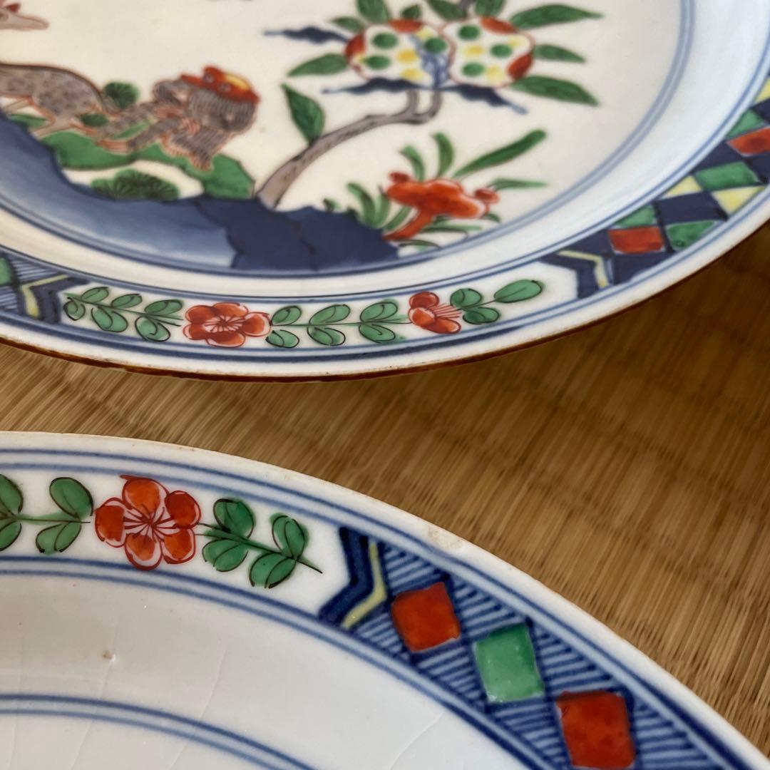 五彩猿鹿蜂文七寸皿　5客　大明成化年製