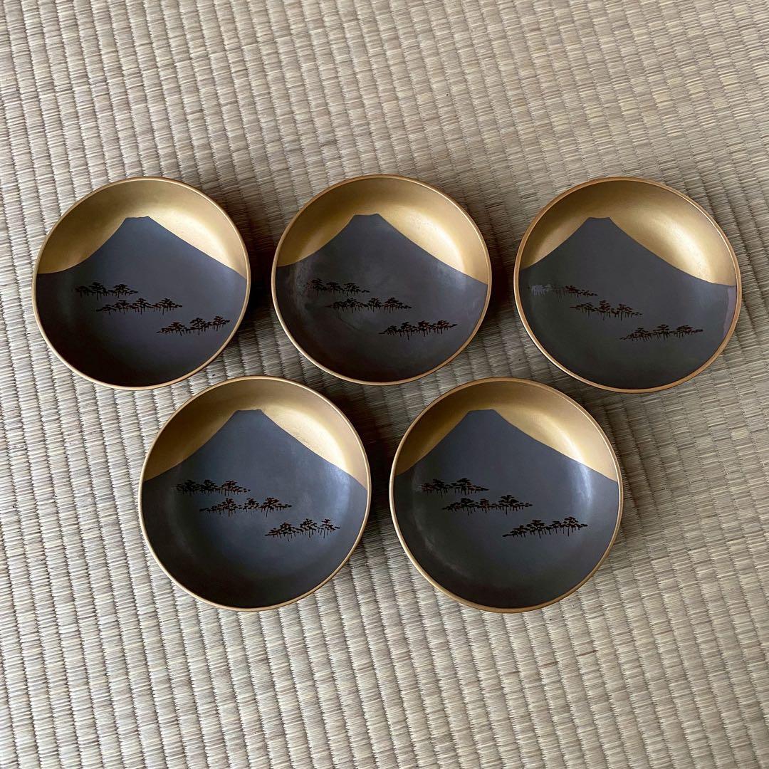 時代 輪島塗【富士松原蒔絵 小皿5客組】銘々皿 天然木 漆塗 懐石 茶道具