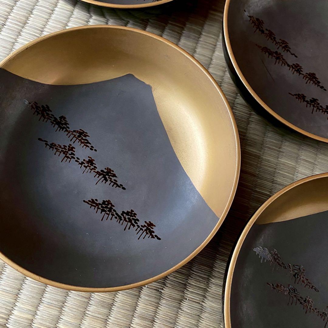 時代 輪島塗【富士松原蒔絵 小皿5客組】銘々皿 天然木 漆塗 懐石 茶道具