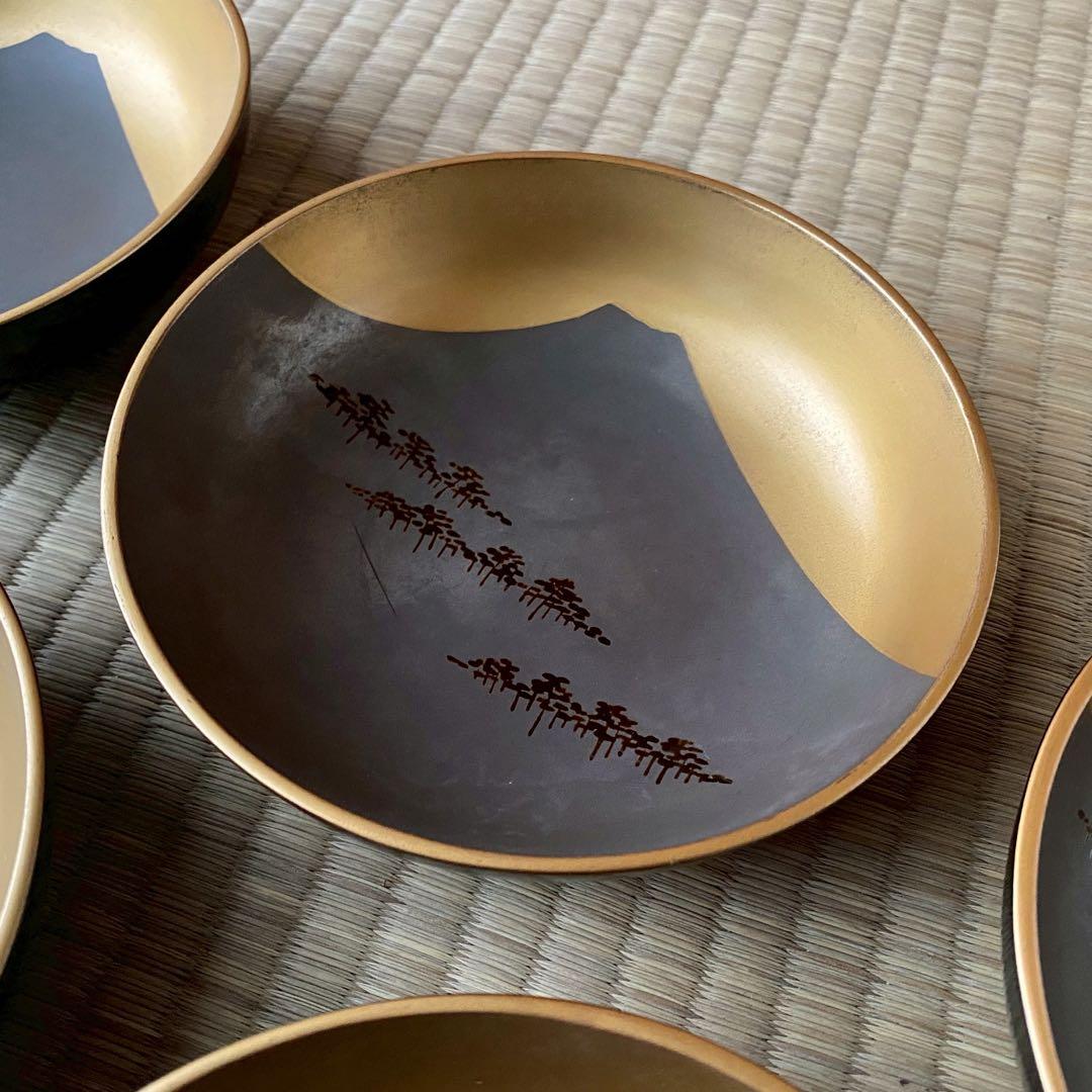 時代 輪島塗【富士松原蒔絵 小皿5客組】銘々皿 天然木 漆塗 懐石 茶道具