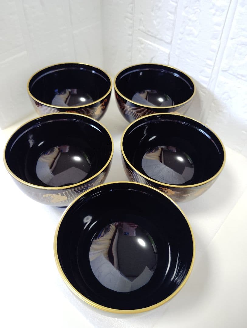 お正月　会津塗　坂本乙造　金彩蒔絵青海波　本漆仕上　蓋付お吸い物椀　雑煮椀　5客