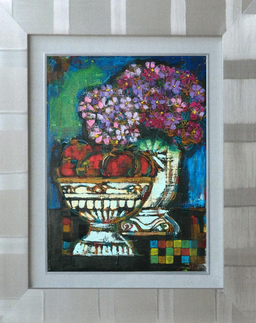 油絵 菅家令子 絵 絵画インテリア額付(白) uF6-063504 静物花果物器