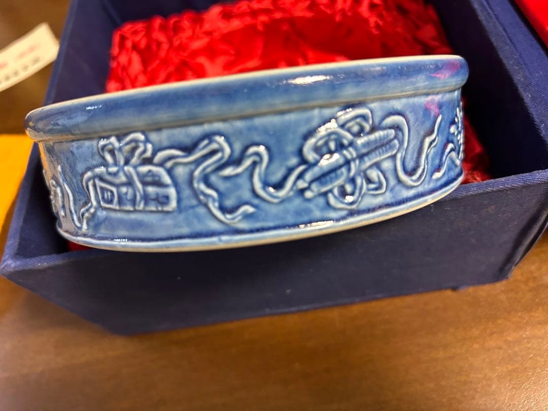 清時代　同治年間　藍釉　蓋付磁硯