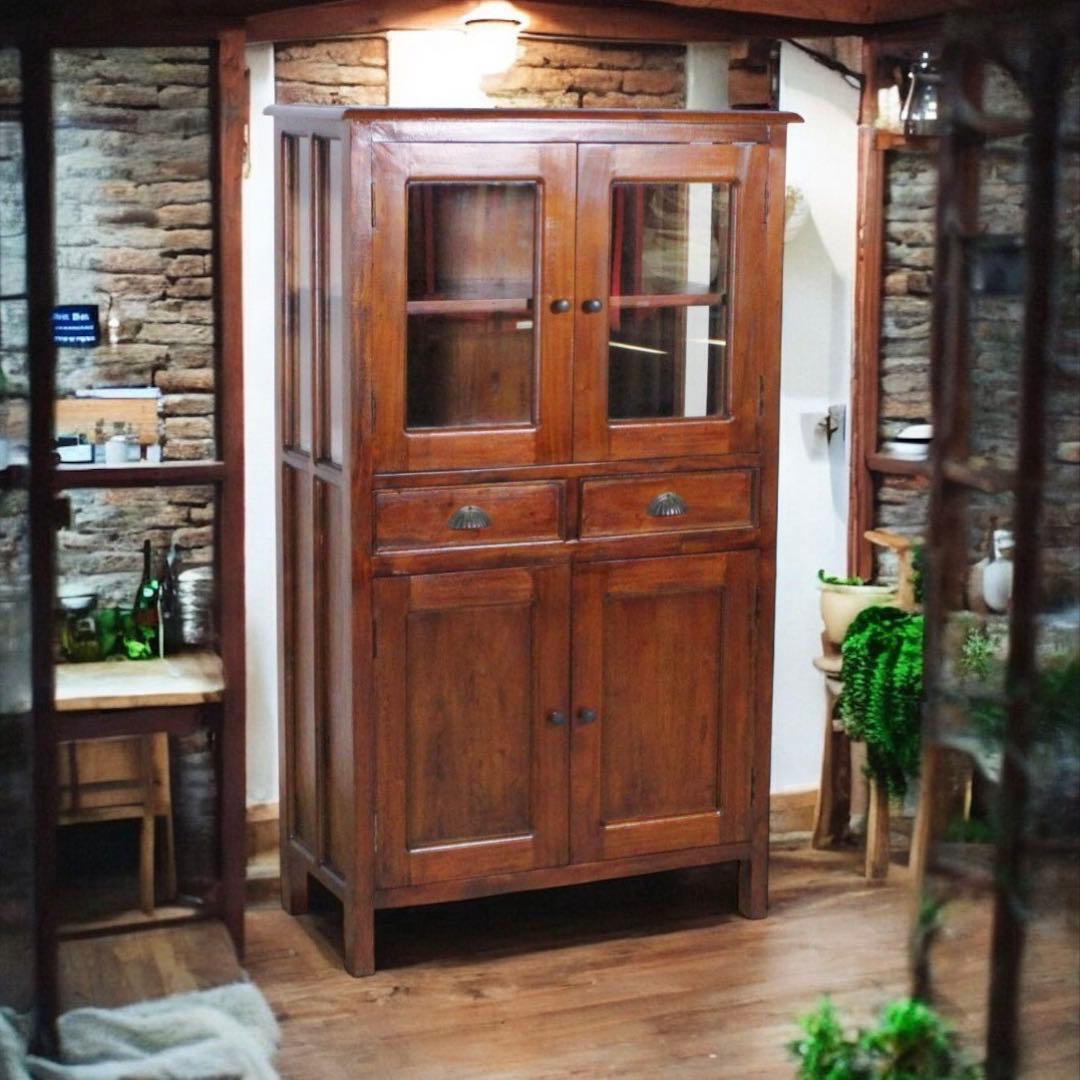 B 新品 アジアン キャビネット 食器棚 本棚 飾り棚 リビングボード