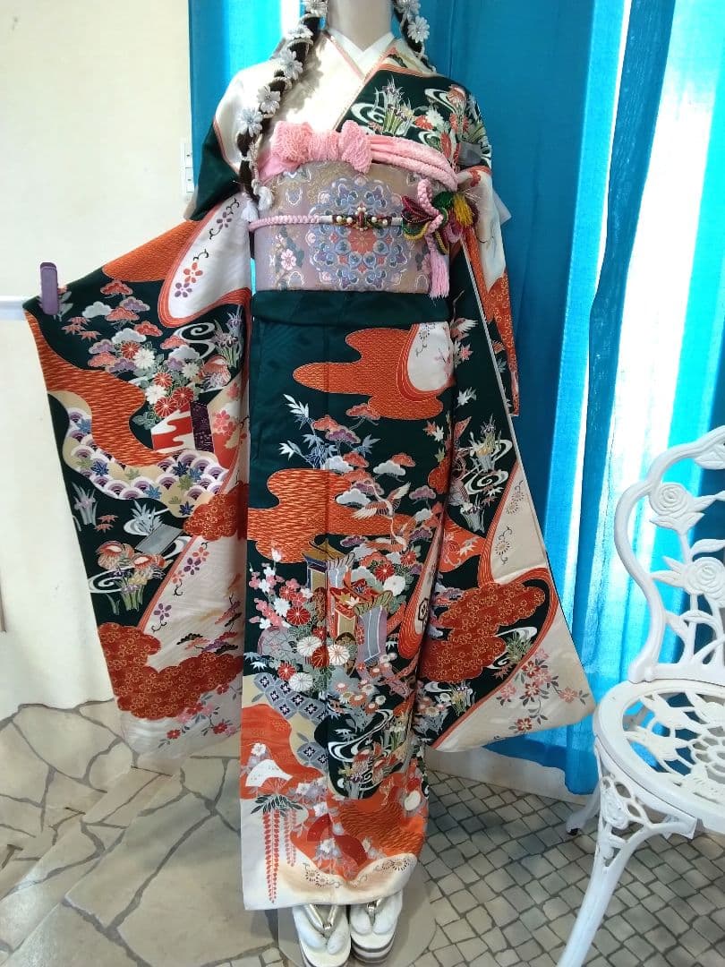 超お買得】振袖フルセット、正絹振袖成人式、重ね衿帯揚げ帯締め、西陣袋帯落款