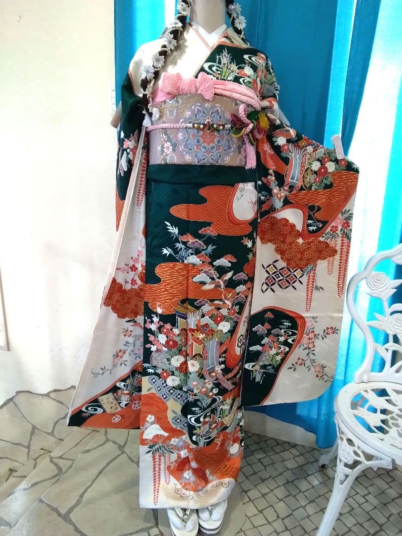 超お買得】振袖フルセット、正絹振袖成人式、重ね衿帯揚げ帯締め、西陣袋帯落款