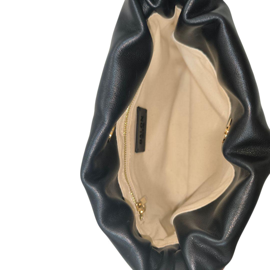 サロンアダムエロペ　スプリットレザードロストミニショルダー　巾着バッグ　黒