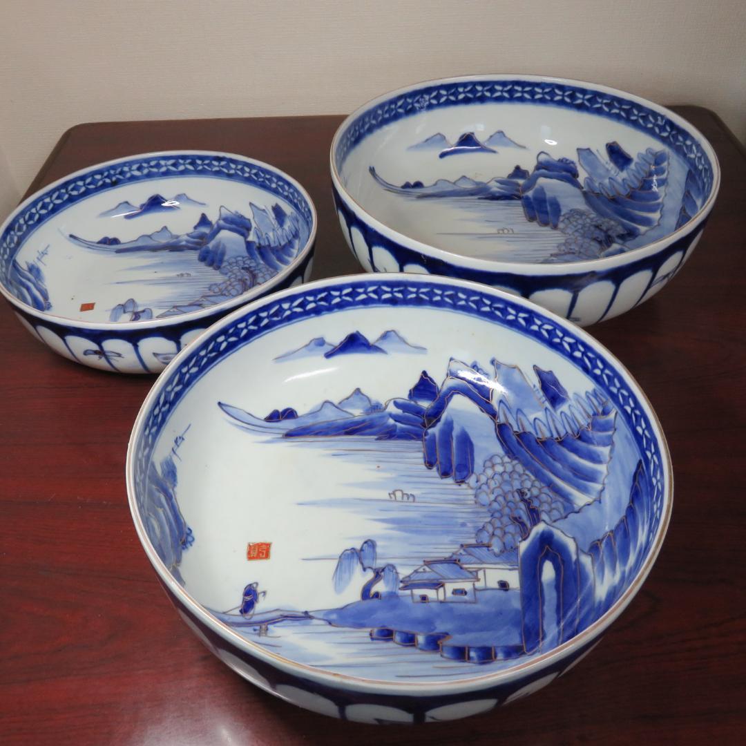 三組丼 山水 染付 二重高台 明治 三つ丼 三つ鉢 古伊万里 江戸 明治