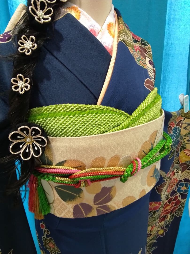 振袖フルセット、正絹紅型成人式、重ね衿、帯揚げ帯締め、西陣袋帯、襦袢、ガード加工