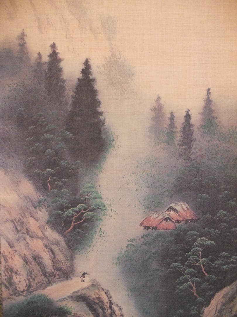 掛け軸 華風 彩色山水 絹本 希少 軸装 茶道具 掛軸 美品 です。