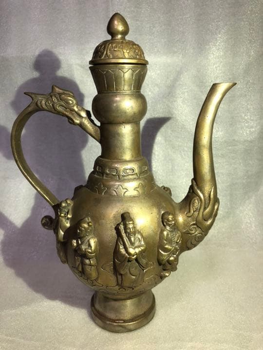 骨董品　古代酒器 酒壺　八仙人紋銀細工　在銘