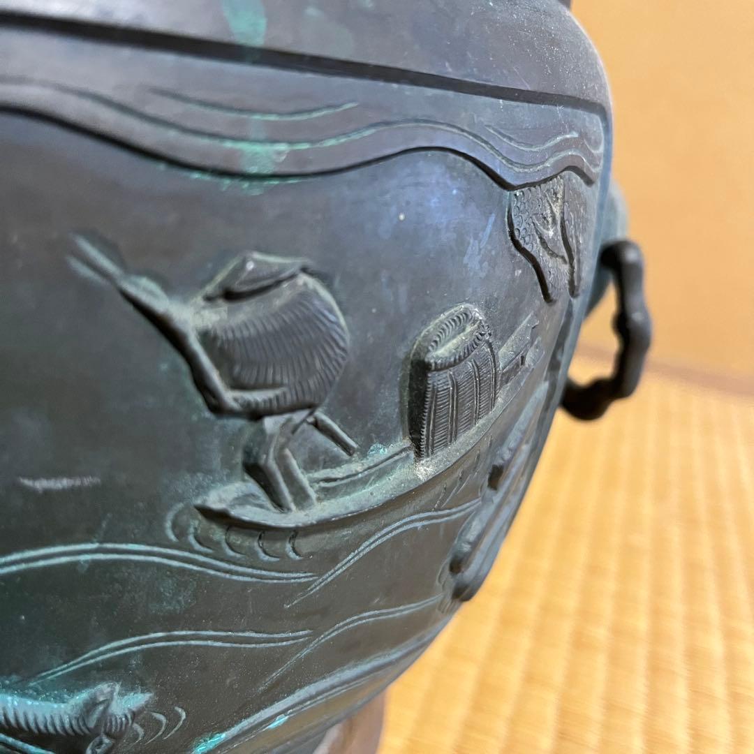 青銅　火鉢　持ち手に亀の装飾