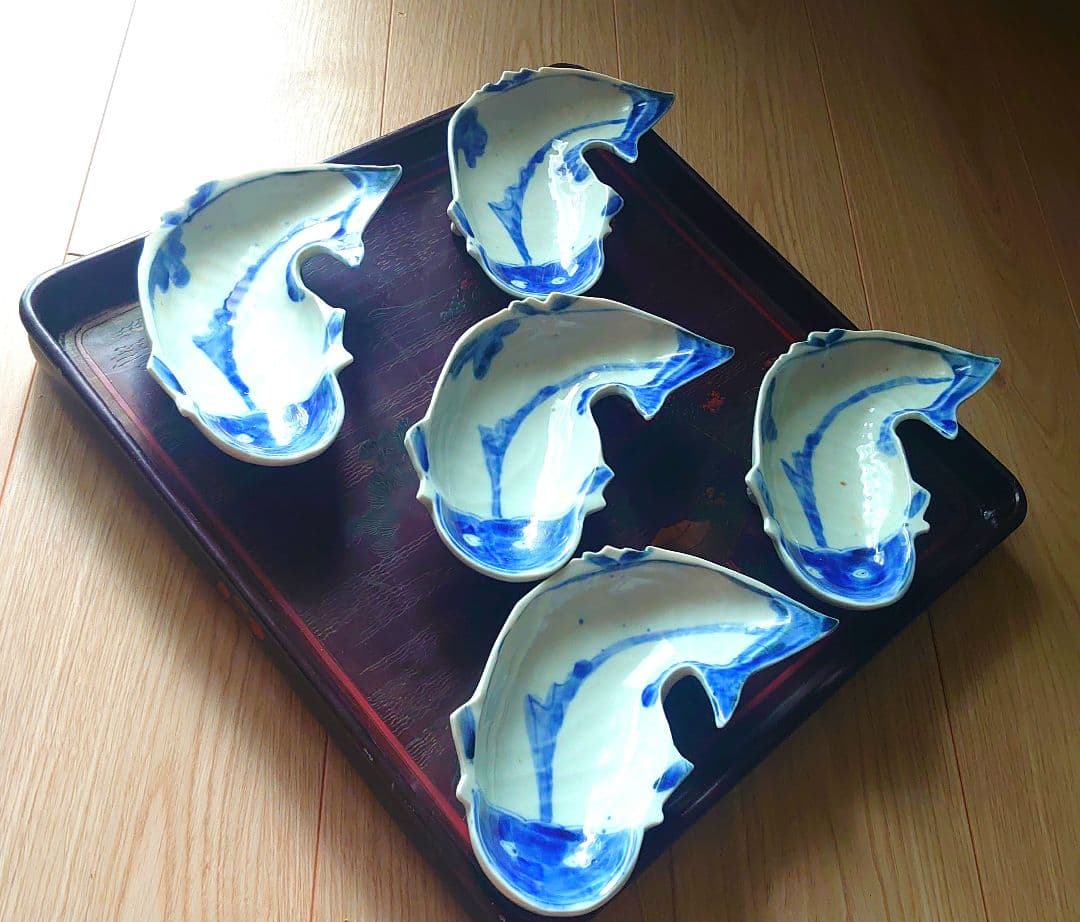 魯山人写 染付 鯰形 向付 5客 鯰形変形向付 箱なし