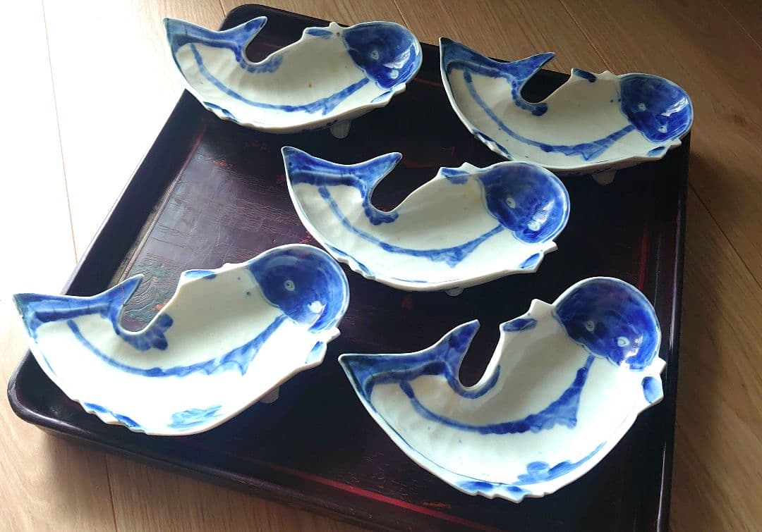 魯山人写 染付 鯰形 向付 5客 鯰形変形向付 箱なし