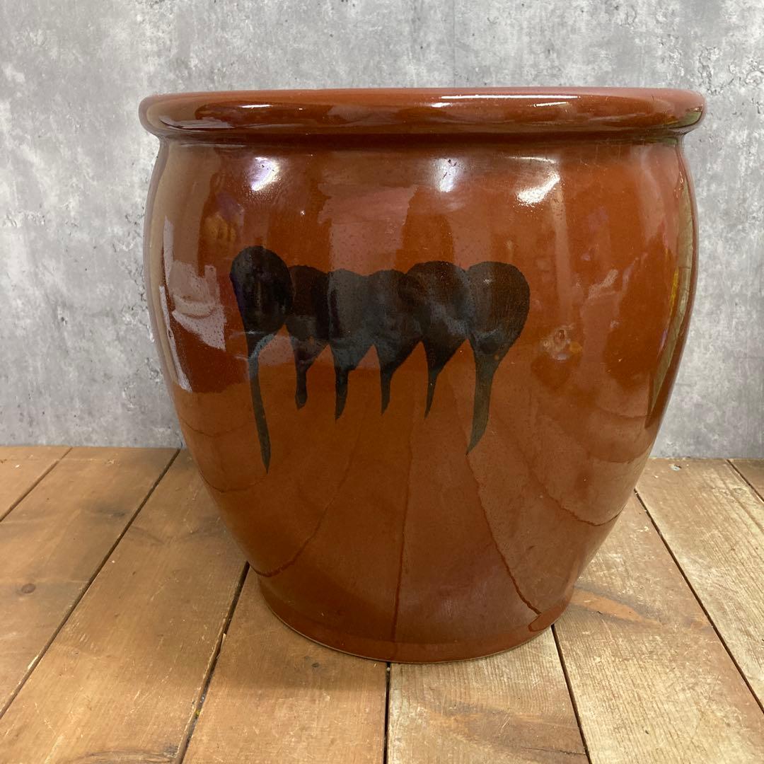 D-5 【大容量・大型】飴釉 陶器鉢 水連鉢 メダカ鉢 火鉢 アンティーク