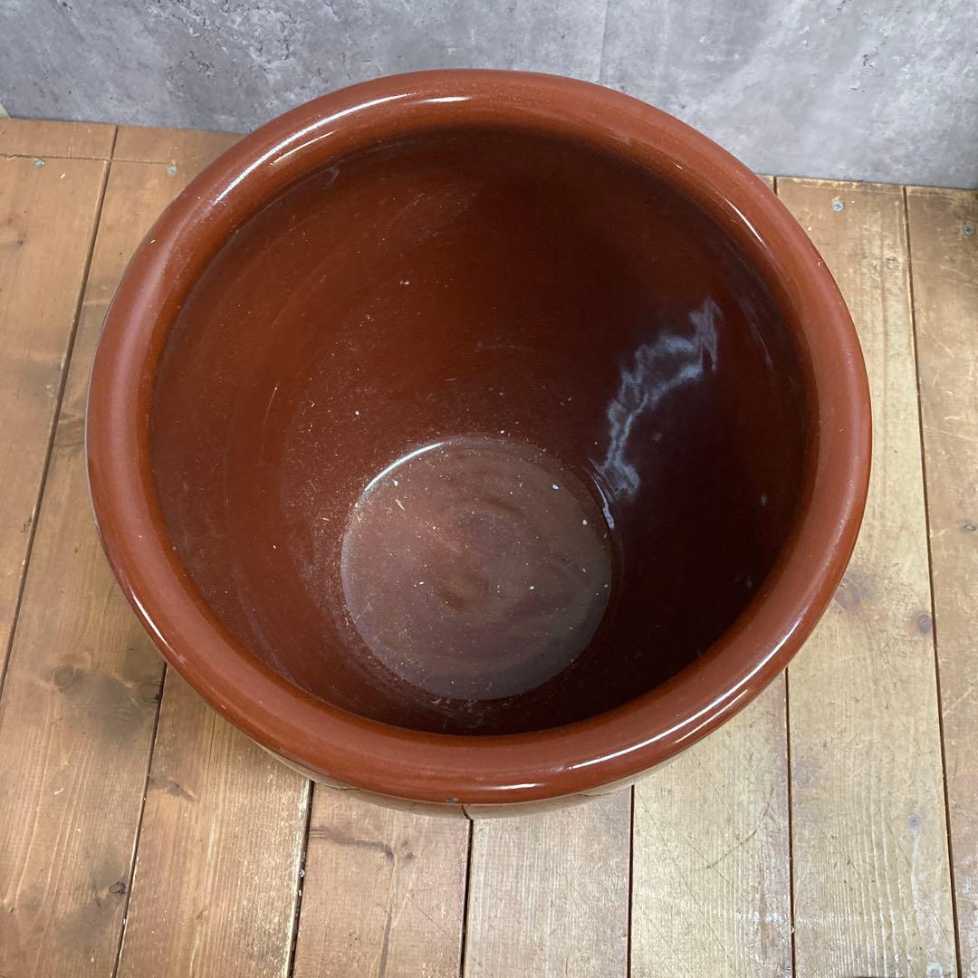 D-5 【大容量・大型】飴釉 陶器鉢 水連鉢 メダカ鉢 火鉢 アンティーク