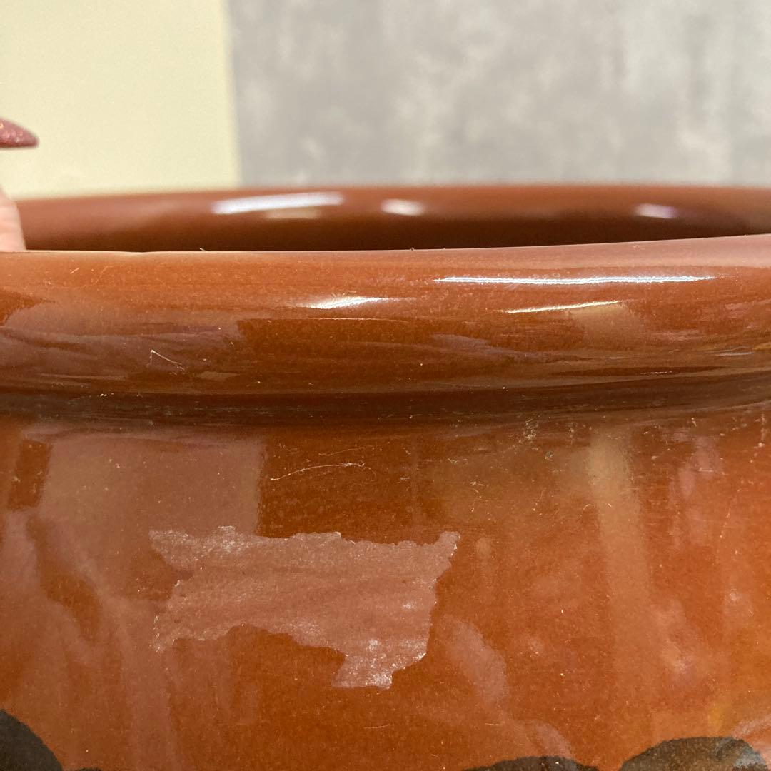 D-5 【大容量・大型】飴釉 陶器鉢 水連鉢 メダカ鉢 火鉢 アンティーク