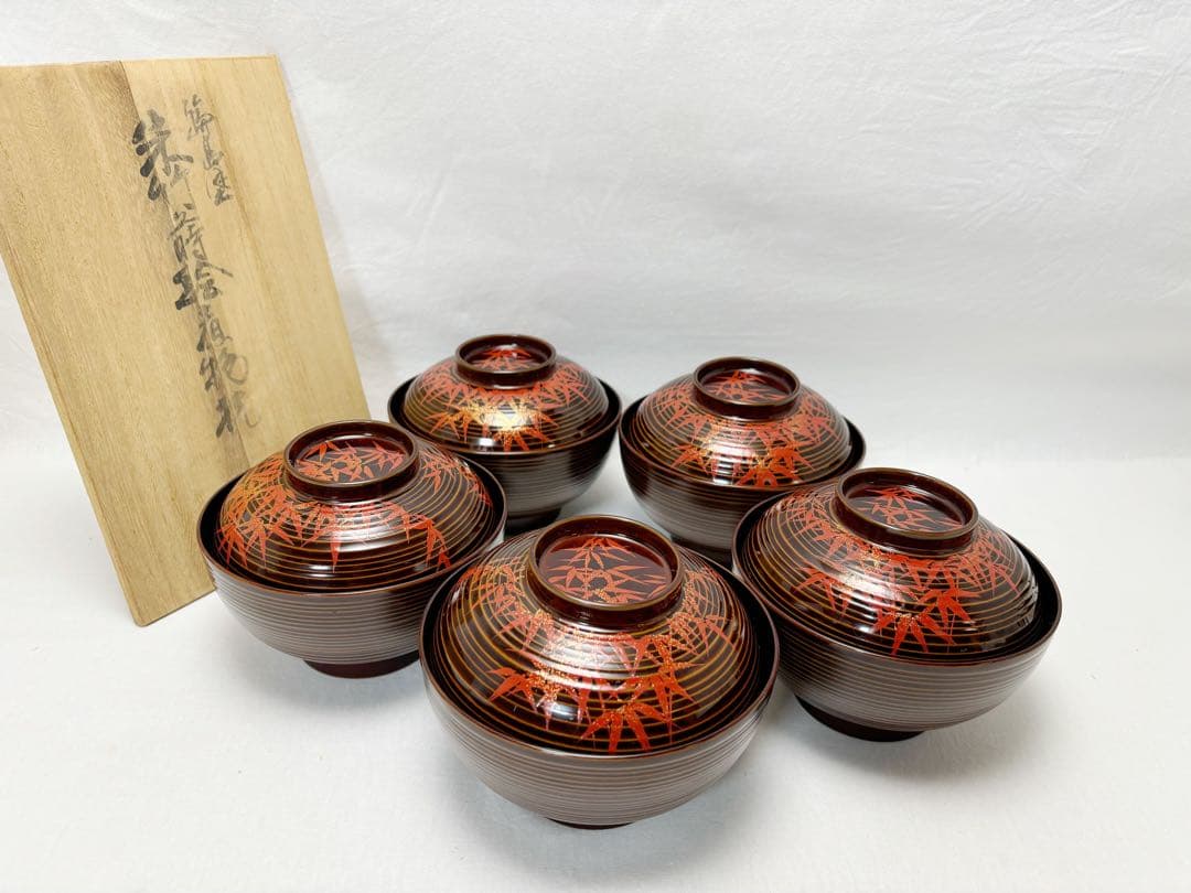 ほぼ未使用 懐石道具 張間麻佐緒作 輪島塗 木製朱竹蒔絵 煮物椀5客千筋共箱