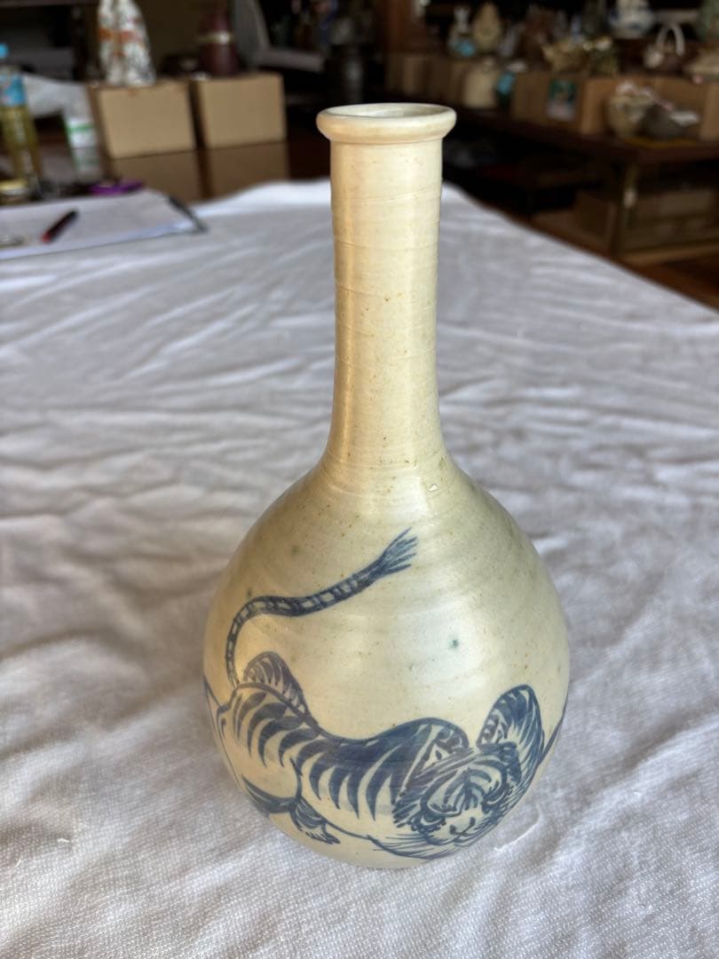古伊万里　古染付 竹虎図 鶴首徳利　 花器 一輪挿し 時代物
