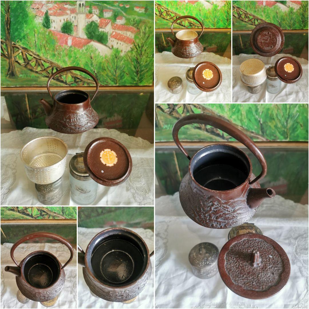 骨董 南部鉄瓶 急須 山と寺院境内 アンティークリネン ボビンレース編ドイリー付