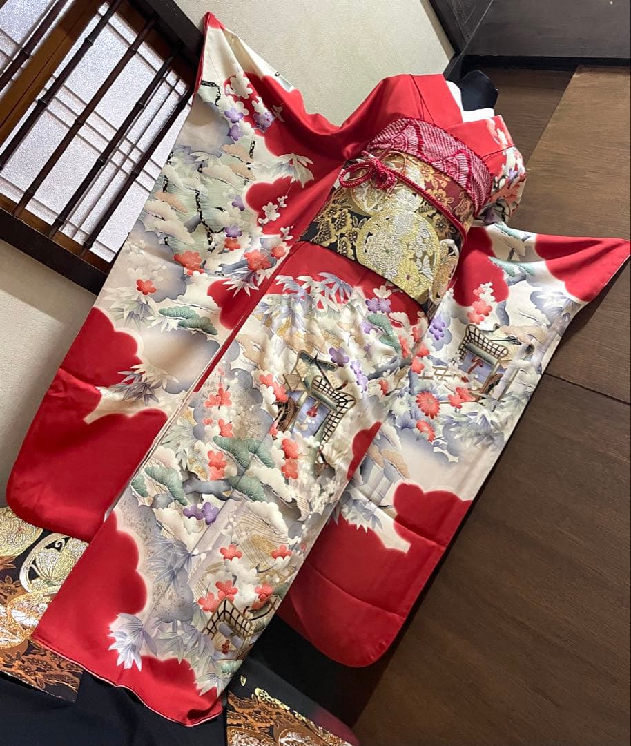 振袖フルセット6点サイズM〜Ｌサイズ御所車花文　松竹梅　暈し染め　金彩　正絹
