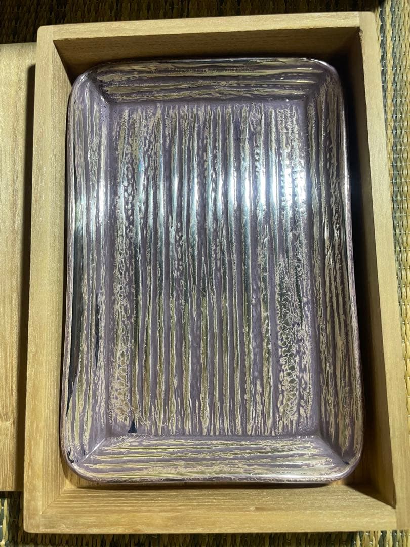 未使用保管品　金工師 田中秀明 南鐐 片木目　長方盆 銀製 共箱　150g